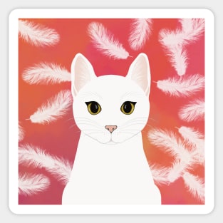 The cute white cat queen is watching you , white feathers on the colorful  background Sticker